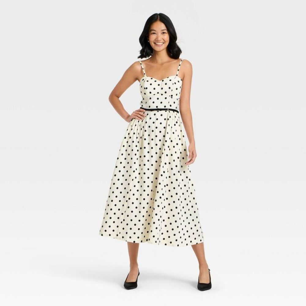 a new day Cream Strapless Polka Dot Midi Dress with Black Belt